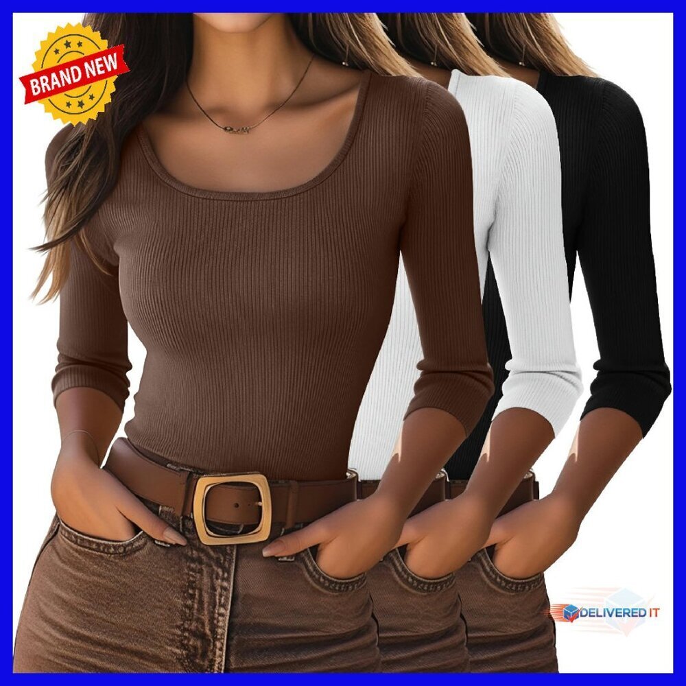 3 Pack Cotton 3/4 Sleeve Ribbed Scoop Neck Slim Fit Tees